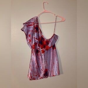 Elie Tahari Red and Purple Silk Charlize Blouse One Shoulder M